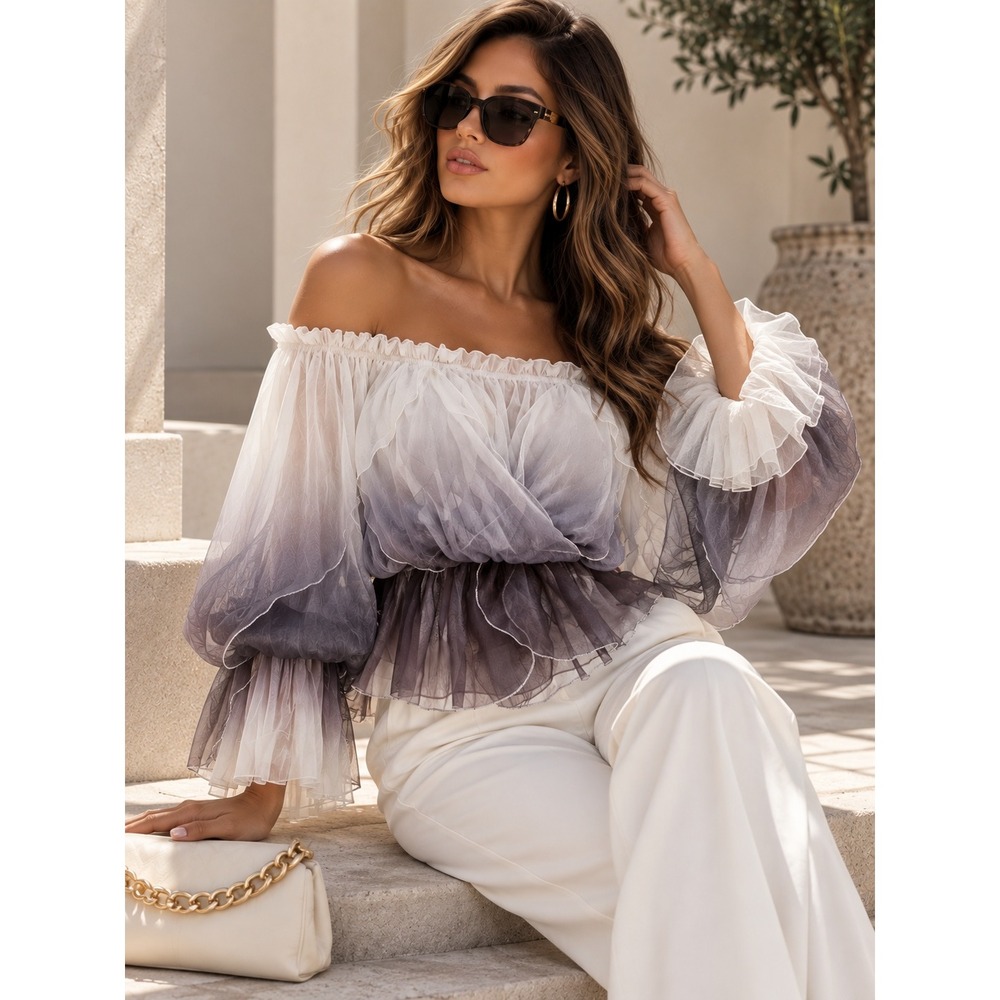 COMMENSE Black White Gradient Sheer Chiffon Off Shoulder Ruffle Top Large